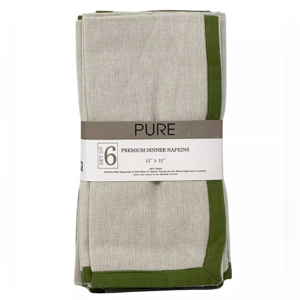 PURE Set of SIX 18" x 18" Cotton Gray. Premium Dinner Napkins Green Border NEW